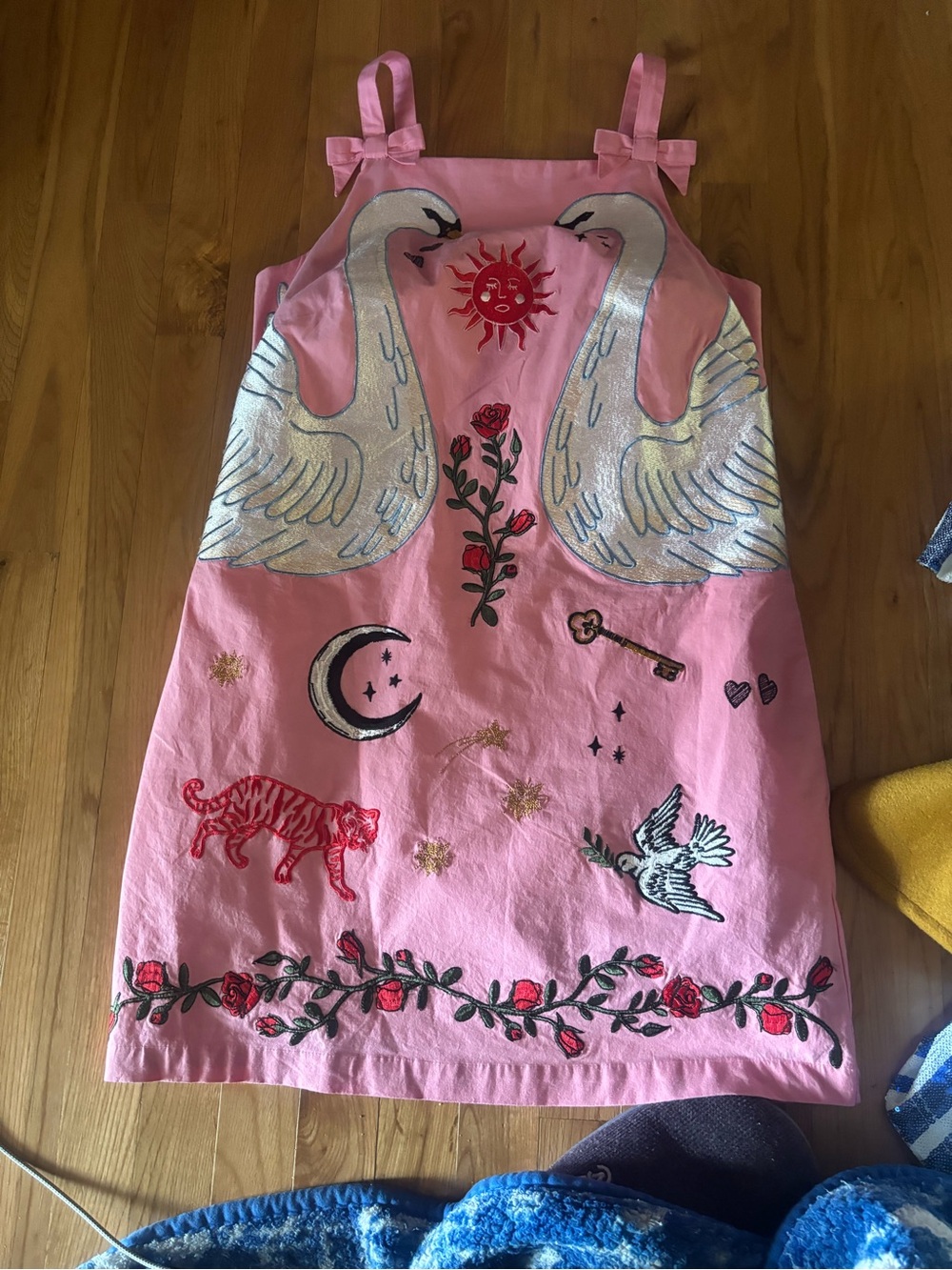 Anthropologie Pink Embroidered Swan & Floral Sundress